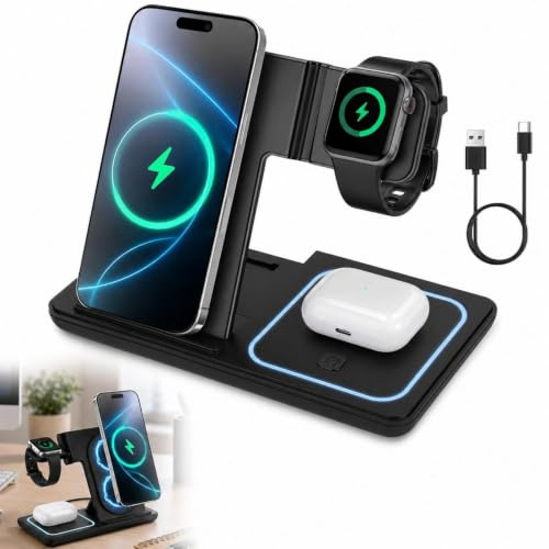 Cargador Inalámbrico 3 en 1 Plegable 15 W, Carga para iPhone Apple Watch | Carga Móvil para Apple Watch y auriculares Qi, Diseño Plegable, Samsung Galaxy S25 Ultra S24 S23 Galaxy Watch 8 Ultra