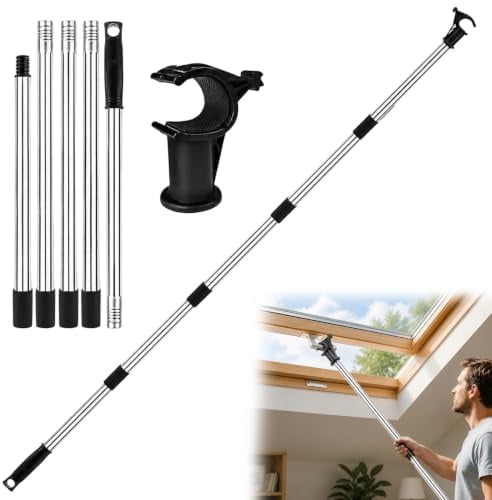 Teleskopstange Dachfenster - 1.86 m Teleskopstange mit Haken - Fenstergriff Verlängerung Edelstahl - Teleskop Stange für Dachfenstern und Rollos