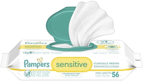 Pampers Sensitive Baby Wipes, Water Based, Clinically Proven, Hypoallergenic, and Unscented for Babies, 56 Wipes Total (1 Flip-Top Packs) [Packaging May Vary]