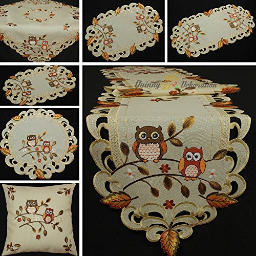 Eulen Mitteldecke Tischdecke Tischläufer Kissenhülle Leinen-Optik Creme Beige Herbst Blatt Stickerei - Größe wählbar (ca. 60 cm Rund)