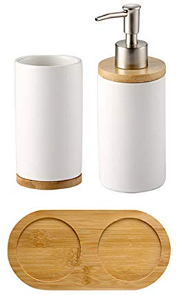 2 Teile Badezimmer Set Badezimmer Zubehör Set Keramik,und Bambus Badezimmer Accessoires Set,Zahnbürstenhalter, Seifenspender, Bambus Fach,Zahnputzbecher,Seifenspender mit Pumpe(400ML)