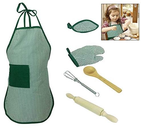 iwobi 6 Stück Kinder Backen kostüm Set, Kinder Chef Rolle Spielen Kostüm, Schürze, Ofenhandschuh, Handmixer, hitzebeständige Matte, Holzlöffel und Nudelholz