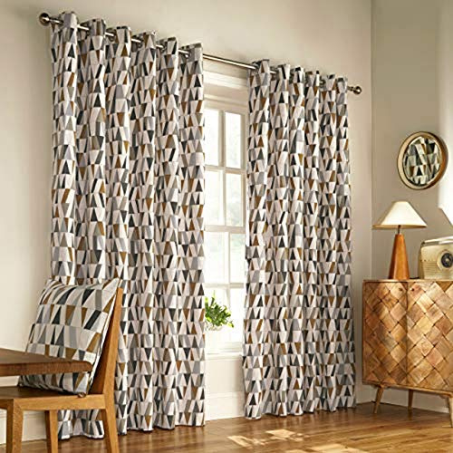 Furn. Reno Ringtop Eyelet Curtains (Pair) - Ready Made - Polycotton - Charcoal/Gold - 229cm x 137cm (90 x 54 inches)