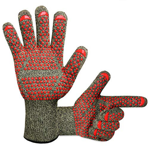JIER Feuerfeste Handschuhe Unisex Grillhandschuhe Ofenhandschuhe Hitzebeständig BBQ Handschuhe für Grill Kochen Backen Schweißen Feuerplatz (Rot,11?28CM?)