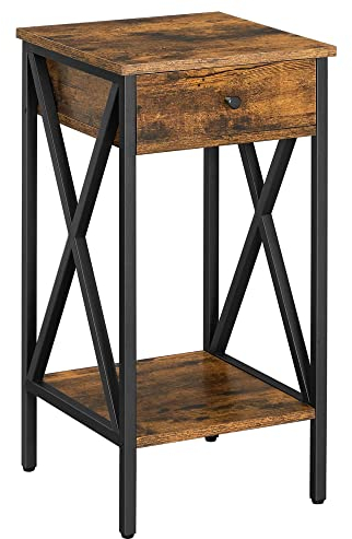 VASAGLE Nachttisch, Sofa-Ende, Beistelltisch, Nachttisch, hoch, mit Schublade und Ablagefach, industrieller Stil, rustikales Braun und Schwarz LET501B01