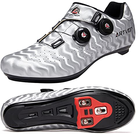 Zapatillas de Ciclismo para Hombre Zapatillas de Bicicleta de Carretera para Mujer compatibles con Look SPD SPD-SL Delta Cleats Zapatillas para Bicicleta de Interior Exteriores Rayas Plata EU46