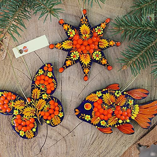Außergewöhnlicher Weihnachtsschmuck Fisch Schmetterling Stern Baumanhänger handbemalt kunstvoll - Baumschmuck Holzfiguren Tiere | Besondere Weihnachtsdekoration | Ukrainische Handarbeit