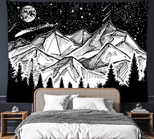 FREEHOTU Mountain Moon Tapisserie Waldbaum Wandteppich Sternenhimmel Sternenhimmel Wandteppich 203,2 x 152,4 cm schwarz und weiß Wandbehang Partydekorationen für Schlafzimmer Wohnzimmer Wohnheim (200