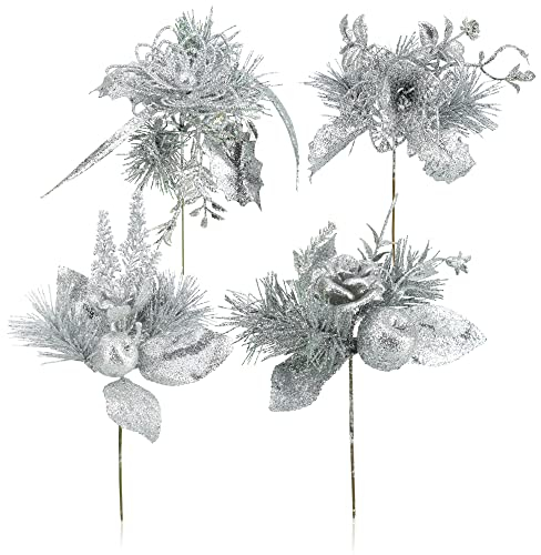 com-four® 4X Deko-Gesteck, dekorative Zweige als tolle Weihnachtsdekoration, schöner Raumschmuck, verschönert Geschenke auch für Kränze und Blumenarrangements DIY (silberfarben - klein)