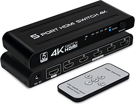 HDMI Switch 5 in 1 Out, 5 Port HDMI Switcher Box HDMI Splitter with IR Remote Control, Support 4K@30Hz, HDR, HDCP, 3D, 1080P HDTV PS3 PS4 Xbox Projector Blu-ray Player+UK Power Supply