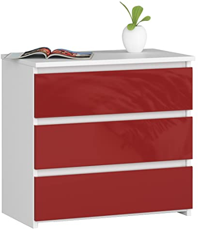 AKORD Commode CL-3 avec 3 tiroirs | Commode Classique pour La Chambre, Salon | Meuble de Rangement | L60 x H57 x P35 cm | Poids 26 kg | Blanc/Rouge Brillant