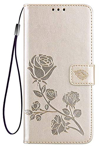 GOGME Funda para Realme C35 4G (6.6), Suave PU/TPU Cuero Flip Carcasa Case Cover, Magnética en Relieve de la Rosa, Billetera con Soporte/Tapa Tarjetas. Oro