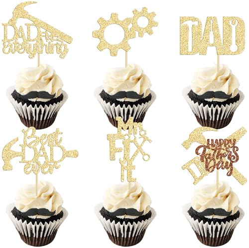 24Pcs Gold Glitter Tool Construction Father's Day Cupcake Toppers Best Dad Ever Cake Toppers Birthday Party Fix It Dad Cake Decorations Toppers Picks for Father's Birthday Party Supply