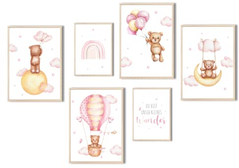 MeinBaby123® Poster Kinderzimmer | 6er Set DIN A4 Poster Set | Wandbilder mit Spruch | Regenbogen | Deko Kinderzimmer Mädchen Junge | Babyzimmer Deko (Bär & Luftballon rosa)