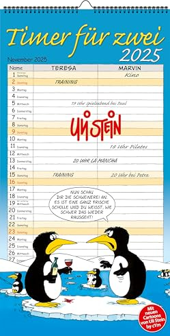 Uli Stein Kalender 2026 - Timer für Zwei - Wandkalender- 240x460mm - Jahreskalender mit Motiv Seiten & Spiralbindung - + 5 Postkarten Geschenk - Monatskalender mit lustigen Sprüchen