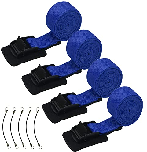4 Stück Spanngurte 2,5cmx2,5m, Zurrgurte mit Klemmschloss Polsterung, 250Kg Belastbarkeit Befestigungsgurt Set inkl. fünf Spanngummis für Fahrradträger Motorrad Auto (Blau, 2,5cmx2,5m)