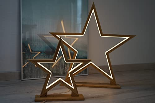 Novaliv LED Stern Lampen Sparset 35 + 55cm - Naturholz Tischleuchte Mit Stromkabel, SMD Warmweiß Weihnachtsstern Beleuchtet Innen - Weihnachtsdeko Holz Nachttischlampe Weihnachtsbeleuchtung