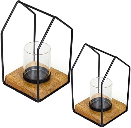 MARRAKESCH 2er Set Teelichthalter Lichthaus 20 & 25cm aus Metall Holz und Glas Windlicht Boie als Tischdeko