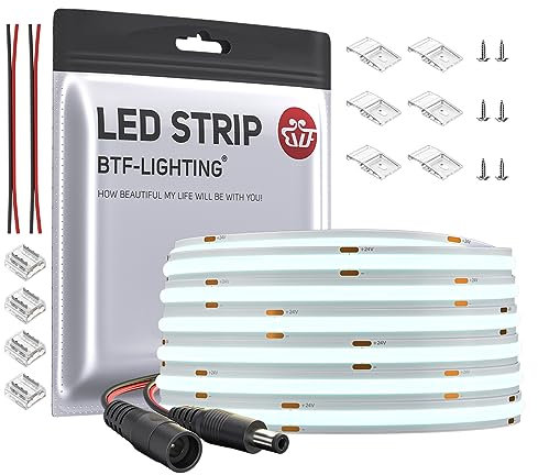 BTF-LIGHTING Bande LED FCOB COB Flexible Haute Densité Lumière Uniforme 8W/m 10M 336LED/m DC24V Blanc Froid 6000K CRI 90+8mm Largeur Ruban LED pour Décoration (Pas d'Adaptateur ou de Contrôleur)