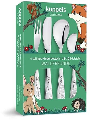 Kinderbesteck mit Namensgravur Waldfreunde / 4-teilig Set/Personalisiert mit Namen Taufgeschenk - Besteck personalisiert - Kinderbesteck mit Gravur - Taufgeschenk Junge/Mädchen