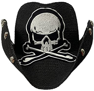 Punk-Stil Cowboyhut Strohhut Weaving Hat für Männer Western Cowgirl Hut mit Stickerei Totenkopf Modell Sommer Sonnenschutz Hut, S, One size