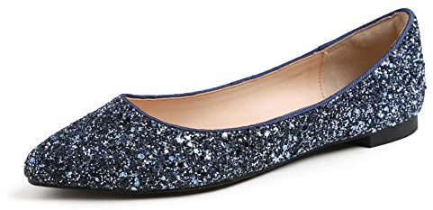 Feversole Women's Sparkle Memory Foam Cushioned Colorful Shiny Ballet Flats Pumps Glitter Pointed Night Blue size 6.5