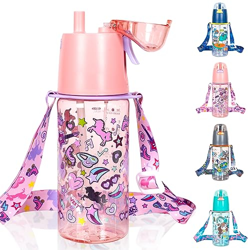 PinkSheep Kinder-Wasserflasche mit Strohhalm/Umhängeband für Schulmädchen, BPA-frei, 2-in-1 Nebel- und Trinkfunktion, auslaufsicher, für Schule, Sport, Reisen (Einhorn)