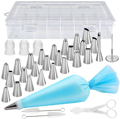 Douille Patisserie Poches à Douille 34 Pcs, DIY Patisserie Accessoire Kit Professionnelle, Acier Inoxydable Douilles, Ustensiles à Pâtisserie, pour décorer gâteaux et cupcakes