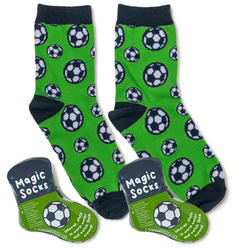 MIJOMA 2 Paar Magische Socken für Kinder, EU22-34, Kuschelige Strümpfe mit Überraschungseffekt, Baumwollreich, Maschinenwaschbar, Geburtstag, Weihnachten & Adventskalender (Fußball grün)