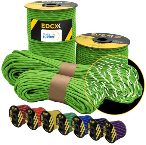 EdcX Reflective Paracord 550 4mm, 13 Colors, Hi-Vis (15m, 30m, 50m) | Reflective Neon Green, 30 m – 100% Nylon 4mm, Type III 7 strand | Night Visibility, Camping, Guy Lines | Made in EU