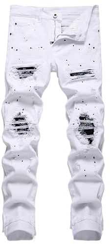 OIIIO Men's Patch Ripped Stretch Regular Fit Jean, 6619-white, 42