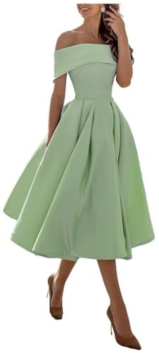 BessDress Schulterfreies Brautjungfernkleid mit Taschen A-Linie Midi Homecoming-Kleid aus Satin Cocktailkleid BS234, A-Salage, 34