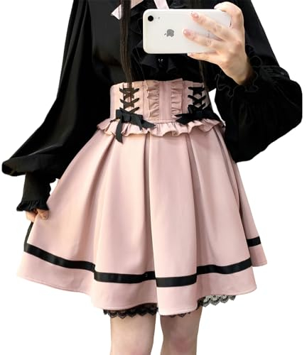 Falten-Minirock für Damen und Mädchen, süße Schleife, Schnürung, hohe Taille, A-Linie, einfarbig, ausgestellt, Skater-Tennisrock, rose, Einheitsgröße