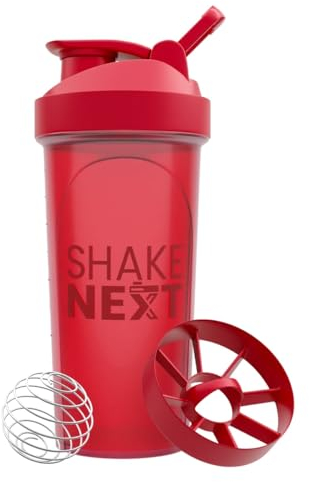 ShakeNext® | Proteinshaker Flasche 700ml mit Mixball Edelstahl + Mixsieb für Fitness Eiweiß & Protein-Shakes - Auslaufsicherer Deckel mit Schlaufe, Spülmaschinenfest, passt in Getränkehalter (rot)