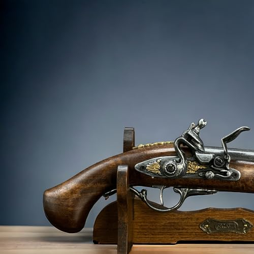 Steinschloss Pistole Mit Ständer oder Perkussions Pistole Holz und Metall Deko Waffen Replik LARP Reenactment historische Dekoration für einen Sammler oder Geschenk für Mann schießt Nicht (W110)