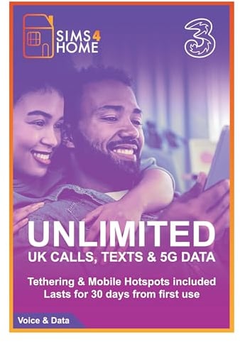 Three Sim Card Preloaded with UNLIMITED UK Calls, Texts & 4G/5G Data. (Valid for 30 days). No Contracts, No Commitments, No Credit Checks, No Tie-ins, No Personal ID. Simple to renew. …