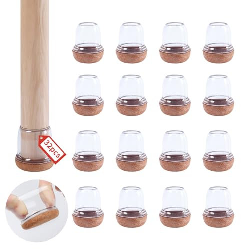 Ezprotekt Furniture Upgraded Clear Silicone Chair Leg Floor Protectors, 32P Silicone Chair Leg Caps with Wrapped Felt, Chair Leg Covers Smooth Moving Chair Feet Protectors, No Scratches (Round, 1)