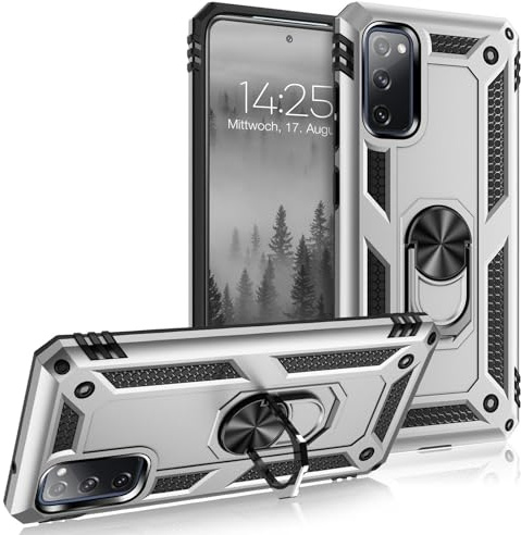LBH Outdoor Hülle für Samsung Galaxy S20 FE Armor Militär Stoßfest Handyhülle 360 Grad Metal Ring Halter Ständer Schutzhülle für Handyhalterung Auto Magnet Silber
