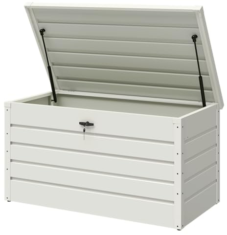 STEELSØN Auflagenbox Dorado für den Garten wasserdicht, Aufbewahrungsbox Garten 350 L mit klappbaren Deckel, Gartenbox aus Metall verzinkt Weiß