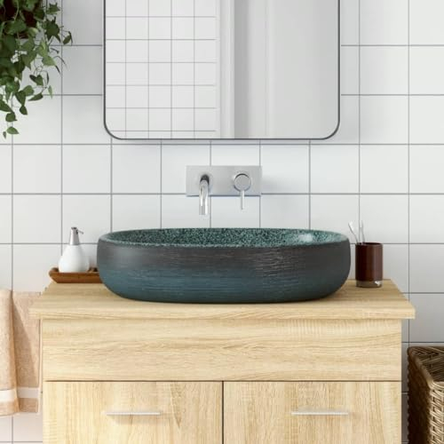 LAPOOH Lavabo sobre encimera Ovalado cerámica Turquesa 59x40x14 cm, Fregadero, Lavabo Baño, Lavamanos Baño, Lavatorio Casa De Banho, Mueble Lavabo sobre Encimera - 155101