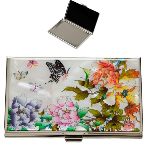 February Mountain Perlmutt-Visitenkartenetui – Korea Geschenk, schlankes Metall-Etui für Kreditkarten & Visitenkarten, RFID-Schutz (Floral and Butterfly Garden)