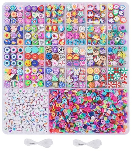 Minnhua 2300 Pezzi Perline Piatte per Braccialetti, 26 Stili Perline in Argilla Polimerica, Set Perlinen per Gioielli Fai da Te con 10 m Cordoncino Elastico per Braccialetti Collana Creazione