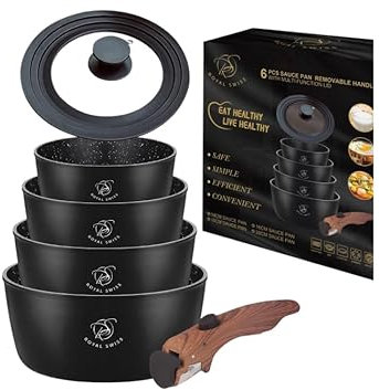 Royal swiss® Lot de Saucepans, 6 pièces, revêtement en marbre, Induction, Sans PFAS, Pour toutes les sources de chaleur Noir (Noir, 6)