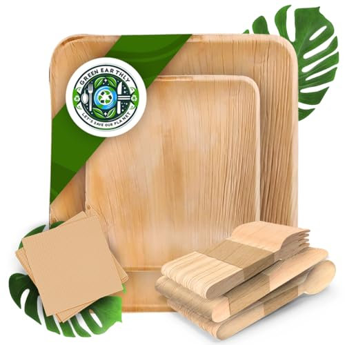 GREEN EARTHLY Kit de fiesta desechable biodegradable que incluye platos de 10 pulgadas, platos de 7 pulgadas, cubiertos de madera, tenedores, cucharas, cuchillos y servilletas (para fiesta de 50