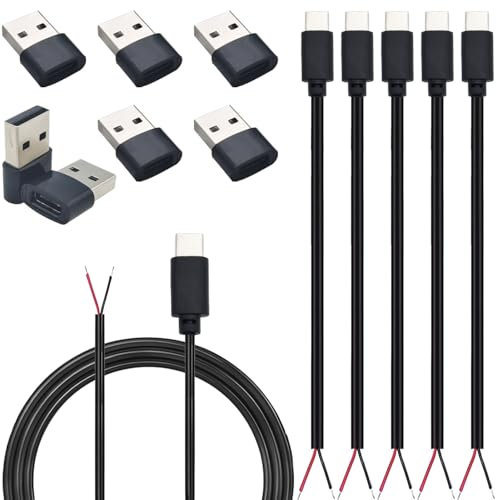 CESFONJER USB C Pigtail 2 adriges Kabel, Typ C Stecker Blankdrahtkabel 22 AWG und Adapter 5er Set, DIY Pigtail Stromkabel mit offenem Ende 1 m/3 Ft (Nur zum Aufladen des Geräts)