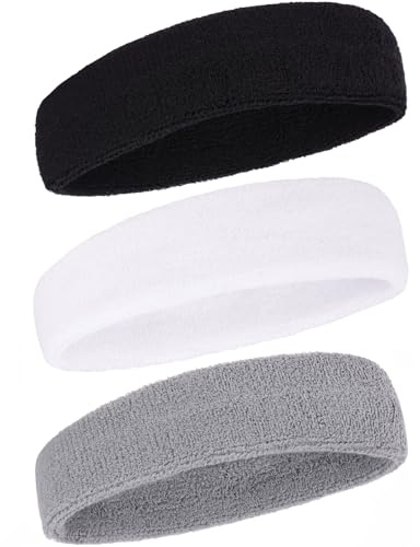 Sweatbands Sports Headband for Men and Women Terry Cloth Moisture Wicking Sports Sweatband for Tennis, Basketball, Running, Gym, Working Out (Black, White, Gray)