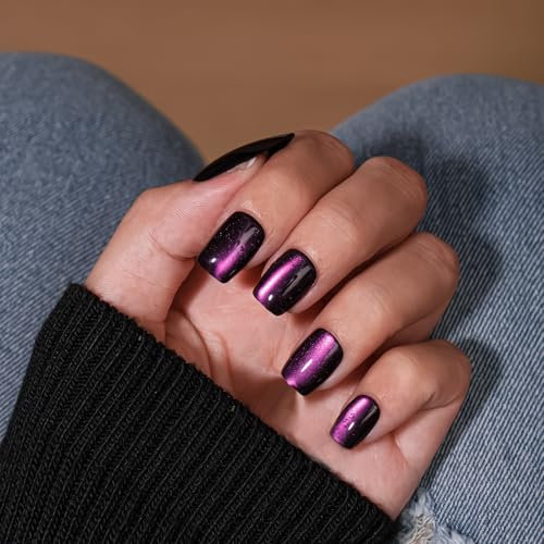 KQueenest Purple Cat Eye Press on Nails Short Coffin, Bling Black Short False Nails with Glue, Glazed Sparkly Fake Nails Press ons, Reusable Soft Gel Stick on Nail for Women Gothic Decoration, 30 Pcs