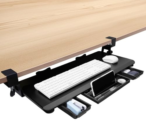 OUKMIC Large Keyboard Tray Under Desk Slide Out with Sturdy C-Clamp Mount and Storage Drawer, 27 (31 Including Clamps) x 12 Ergonomic Keyboard Trays for Home and Office, Black