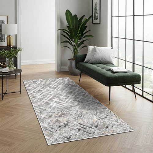 TAPISO Crystal Teppichläufer Kurzflor Glänzend Grau Weiß Creme Geometrisch Streifen Dreiecke 3D Effekt Abstraktes Muster Wohnzimmer Schlafzimmer Modern Design ÖKO-TEX 100 x 300 cm