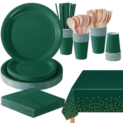 PYAILI Stoviglie per Feste 169 Pezzi Verde Scuro Festa della Addobbi Ragazza di Compleanno dei Dambini Articoli per Feste Set Include Piatto Carta Party Tazze Tovaglioli -24 Ospiti